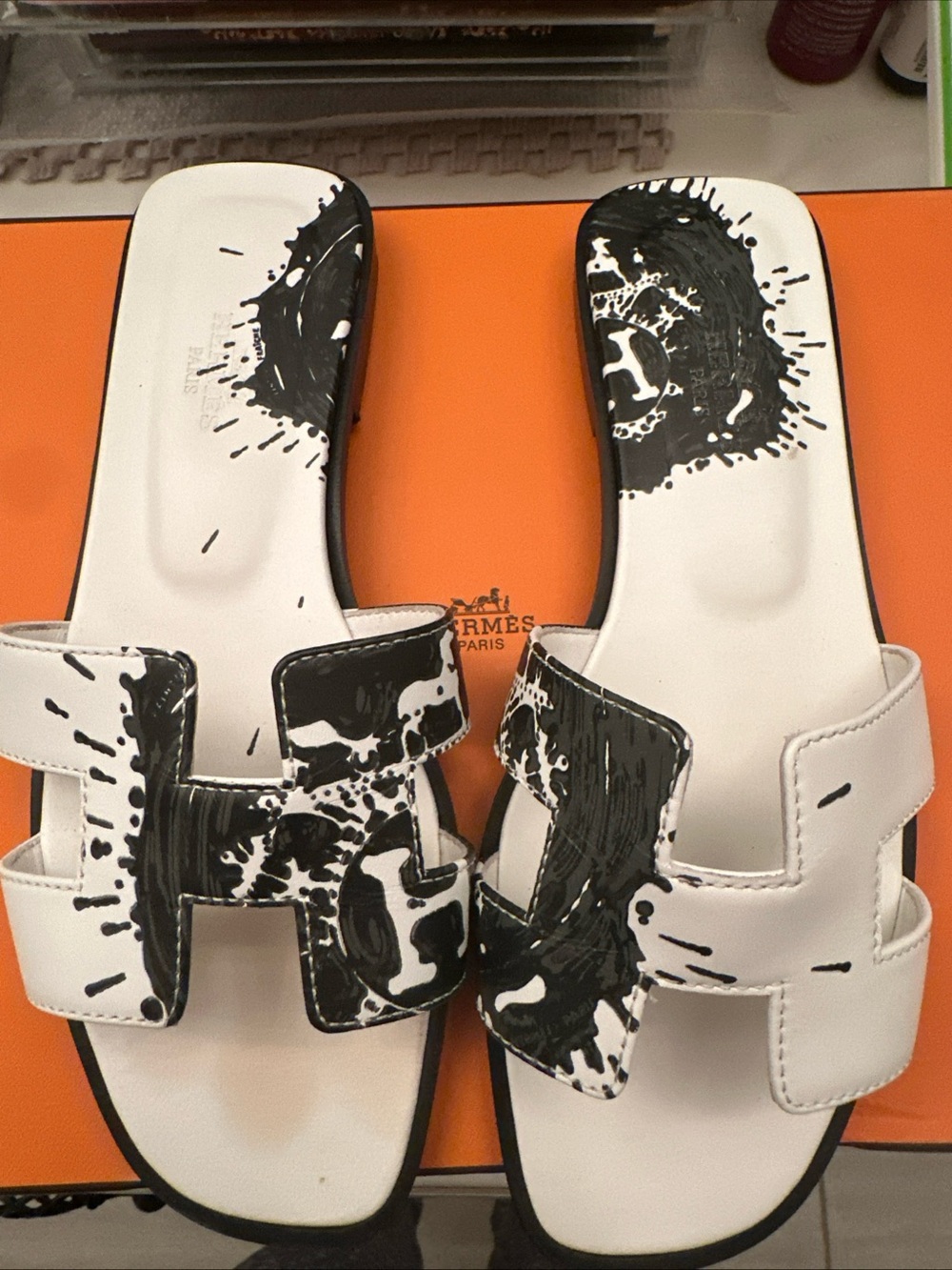Hermes White and Black Oran Splash Slide Sandals